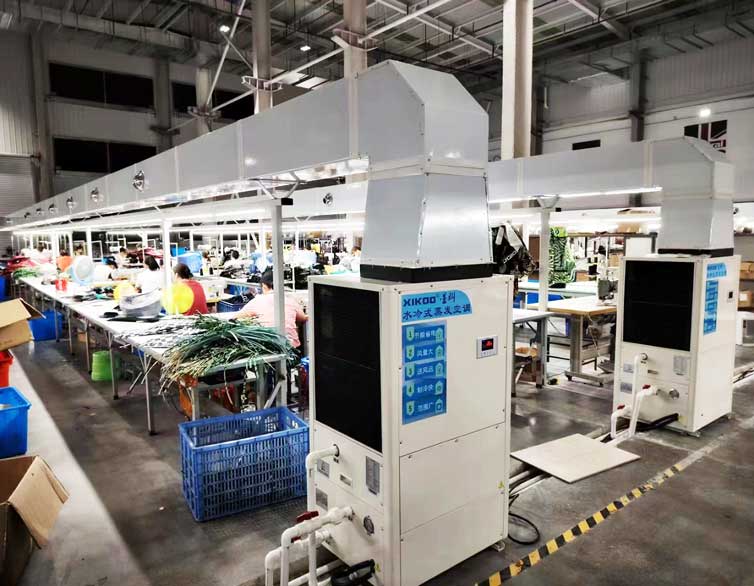 制衣廠區(qū)域崗位降溫，安裝蒸發(fā)冷省電空調(diào)-立式管道機(jī)